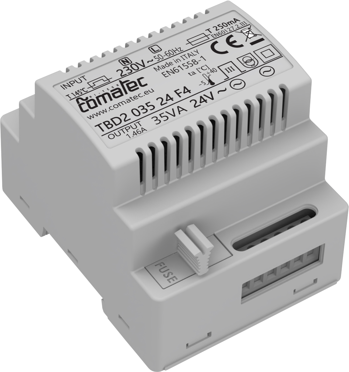 Comatec 35 VA DIN Rail Transformer, 230 V ac Primary, 24 V ac Secondary, EN55024, EN50581, EN61558-1, RoHS, EN61000-3-3,