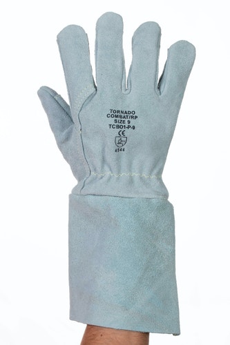 Tornado Combat Plus Grey Leather Heavy Duty Gloves, Size 9, Leather Coating