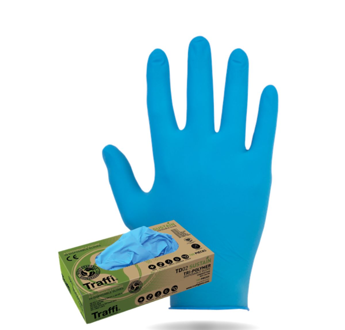 Traffi TD02 TRI POLYMER BLEND Blue Neoprene, Nitrile Disposable Gloves, Size XL, 100 per Pack