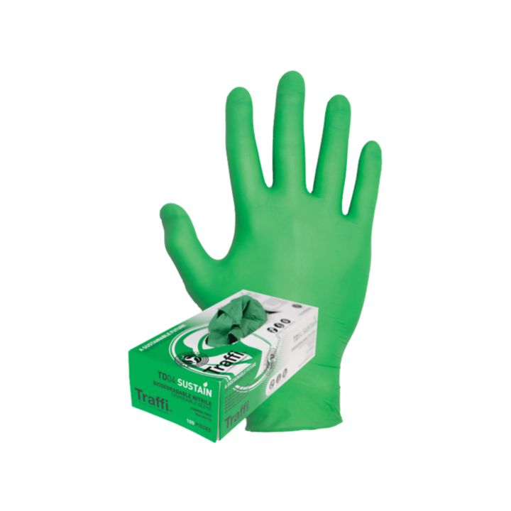 Traffi TD04 Green Nitrile Disposable Gloves, Size M, 100 per Pack