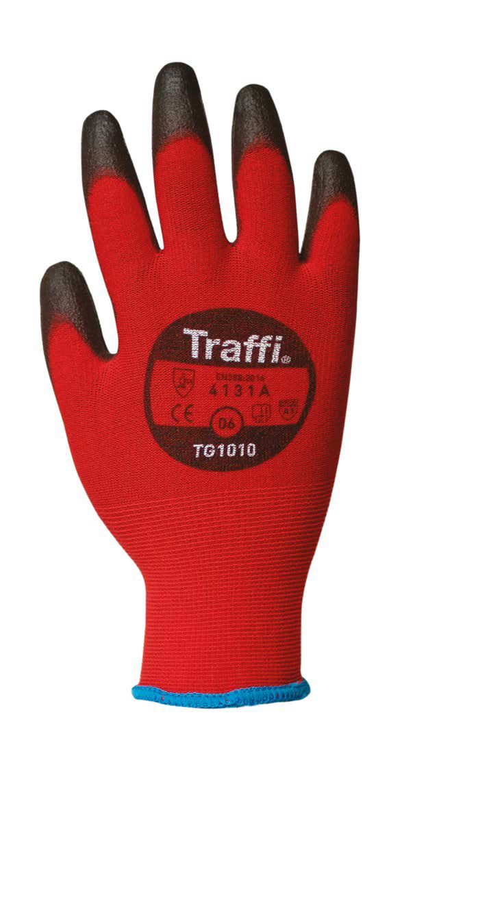 Traffi Classic Red Polyurethane General Handling Gloves, Size 6, Polyurethane Coating