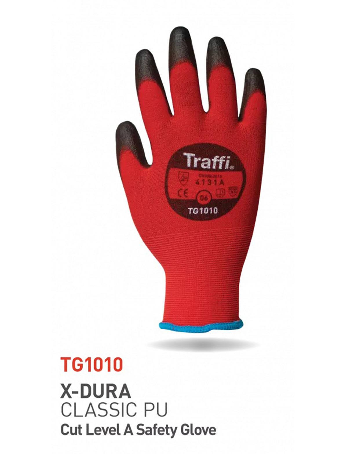 Traffi TG1010 Black, Red Nylon General Handling Gloves, Size 7, Polyurethane Coating