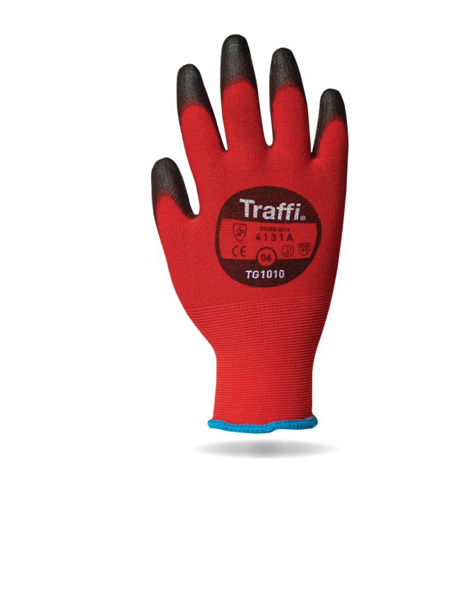 Traffi TG1010 Black, Red Nylon General Handling Gloves, Size 9, Polyurethane Coating