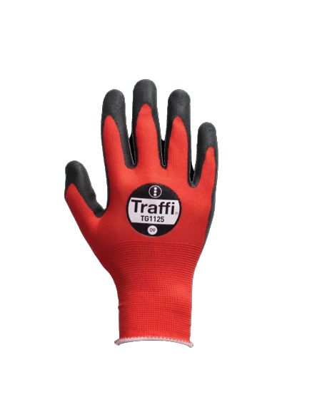 Traffi TG1125 Red Polyester (Liner) Glove, Size 8, Nitrile Foam Coating