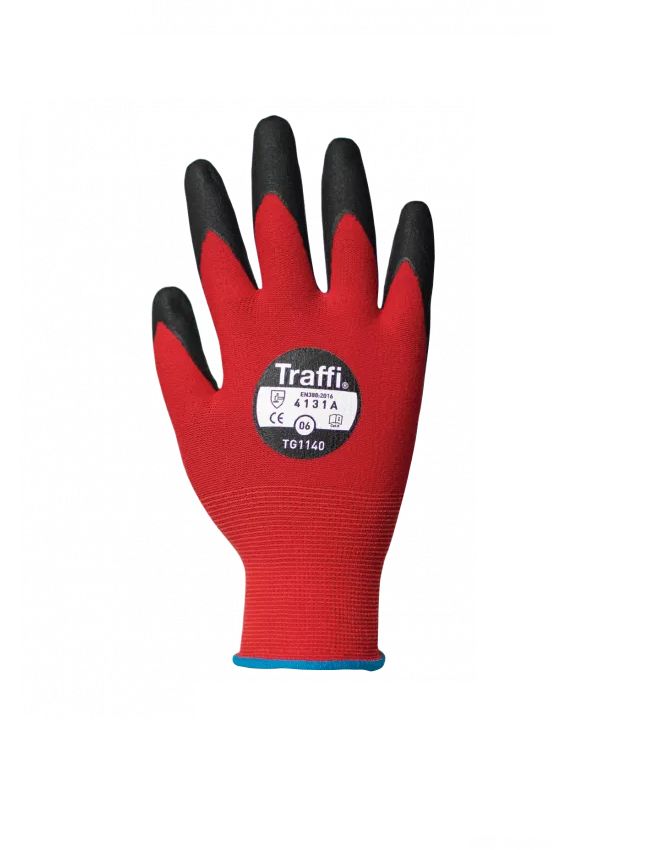 Traffi Traffi Red Nylon Work Gloves, Size 6-11, Nitrile Foam Coating