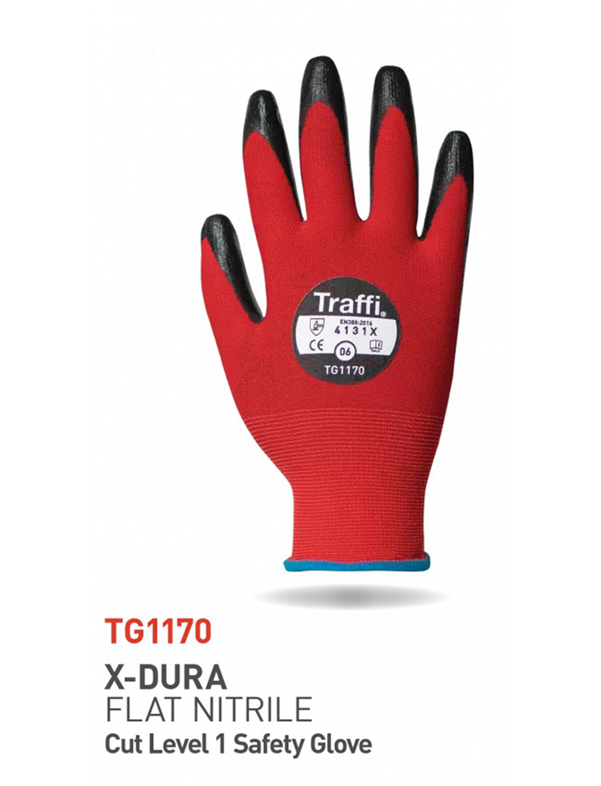 Traffi Red Nitrile, Nylon Cut Resistant Gloves, Size 9, Nitrile Coating