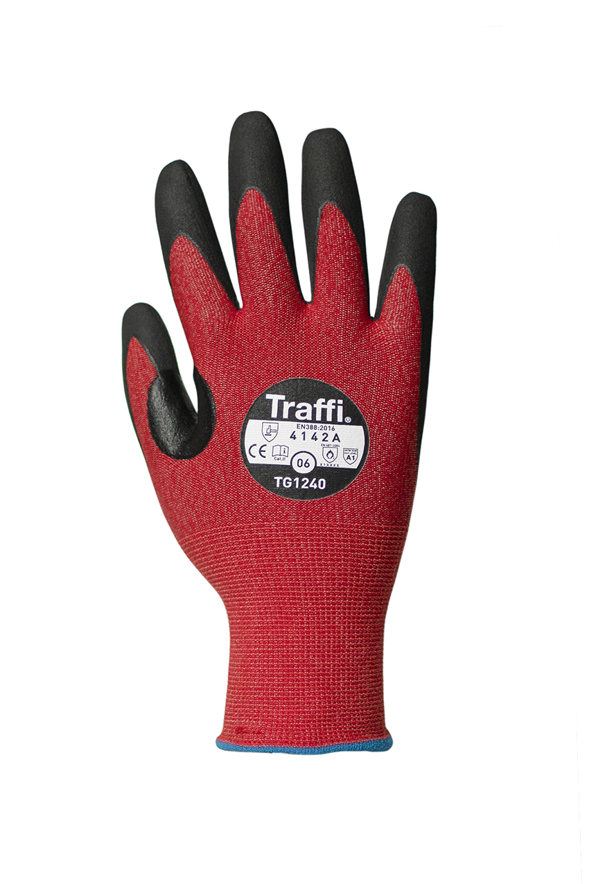 Traffi Red Nitrile, Nylon Cut Resistant Gloves, Size 7, Nitrile Coating