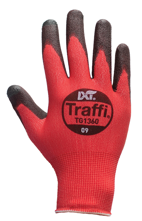 Traffi TG1360 Black, Red Elastane, Nylon Glove, Size 6, Polyurethane Coating