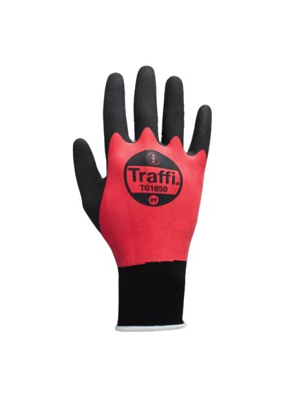 Traffi TG1850 Black, Red Elastane, Nylon Glove, Size 8, Natural Rubber Coating