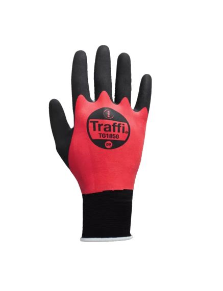 Traffi TG1850 Black, Red Elastane, Nylon Glove, Size 9, Natural Rubber Coating