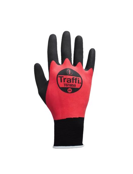 Traffi TG1850 Black, Red Elastane, Nylon Glove, Size 10, Natural Rubber Coating
