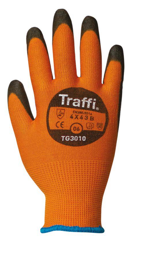 Traffi Classic Orange Elastane, HPPE, Nylon General Handling Gloves, Size 7, Polyurethane Coating