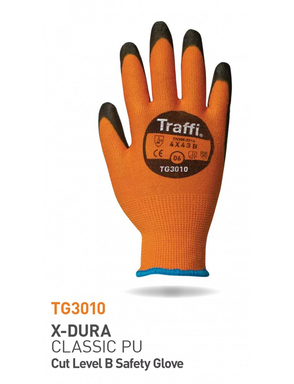 Traffi TG3010 Black, Orange Elastane, HPPE, Polyamide General Handling Gloves, Size 7, Polyurethane Coating