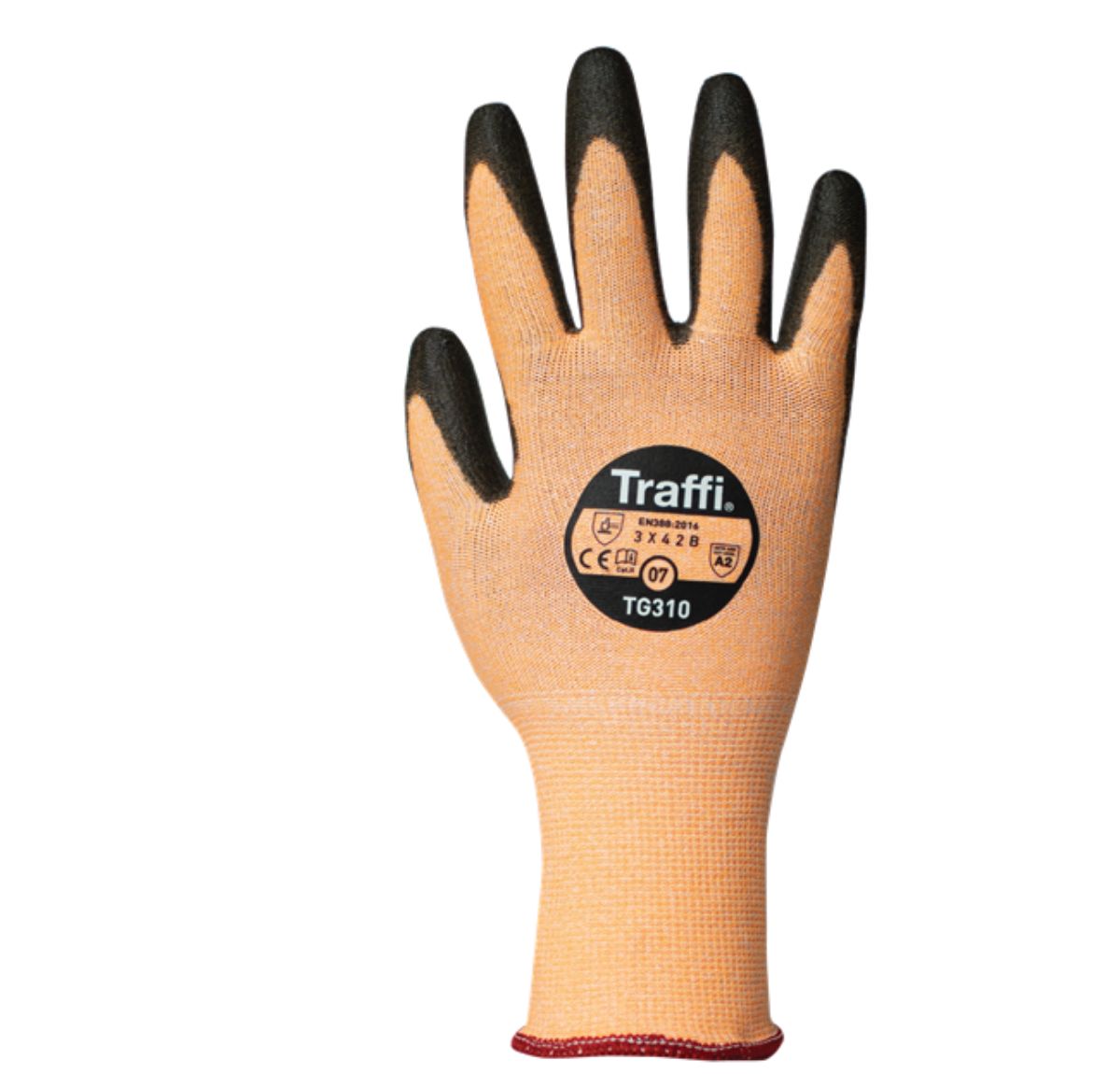 Traffi Orange Elastane, HPPE, Nylon Cut Resistant Gloves, Size 8, Polyurethane Coating