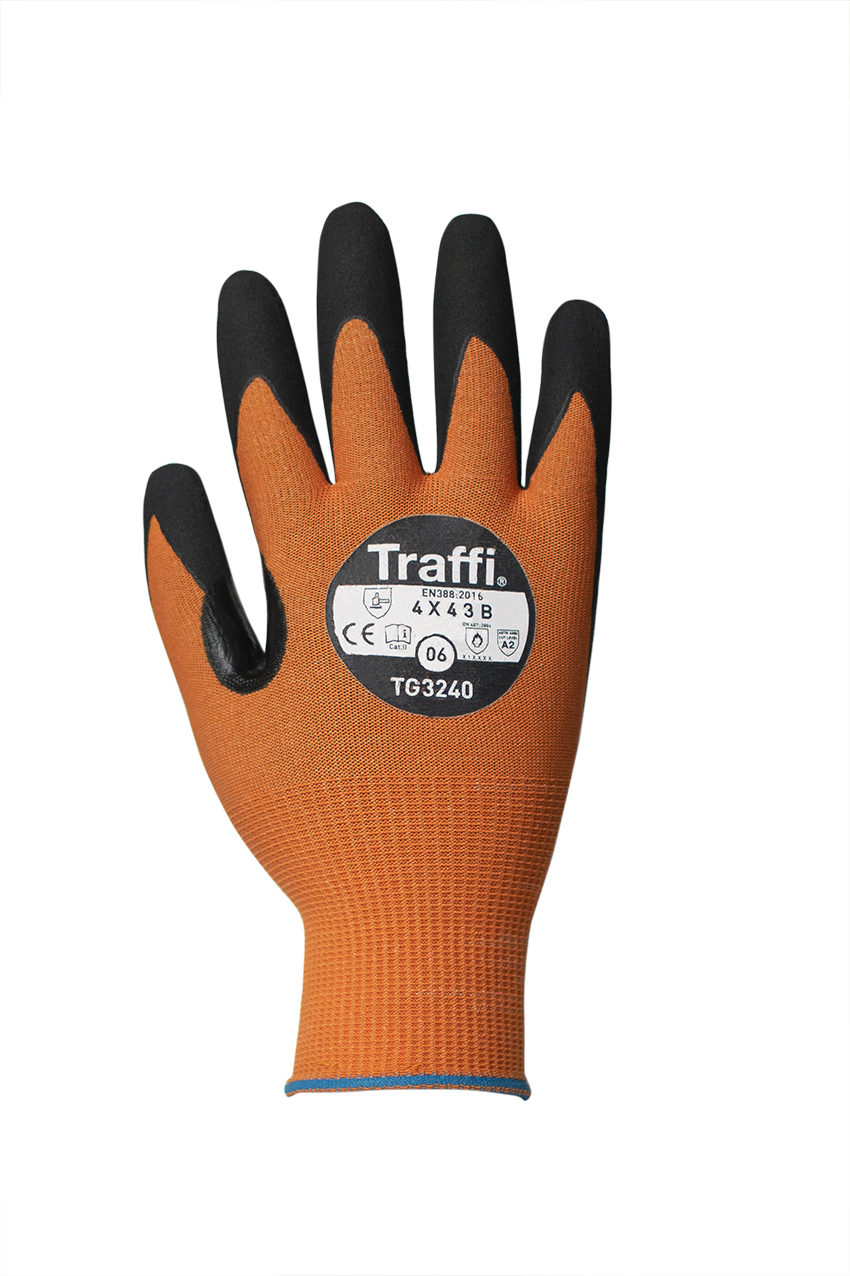 Traffi Microdex Orange Elastane, HPPE, Nylon Liquid/Oil Repellent Gloves, Size 10, Nitrile Coating