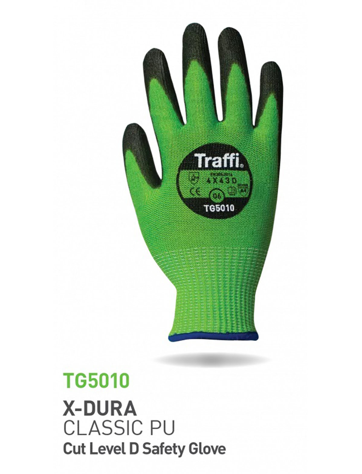 Traffi TG5010 Black, Green Elastane, Fibreglass, HPPE, Nylon, Polyester, Steel General Handling Gloves, Size 11,