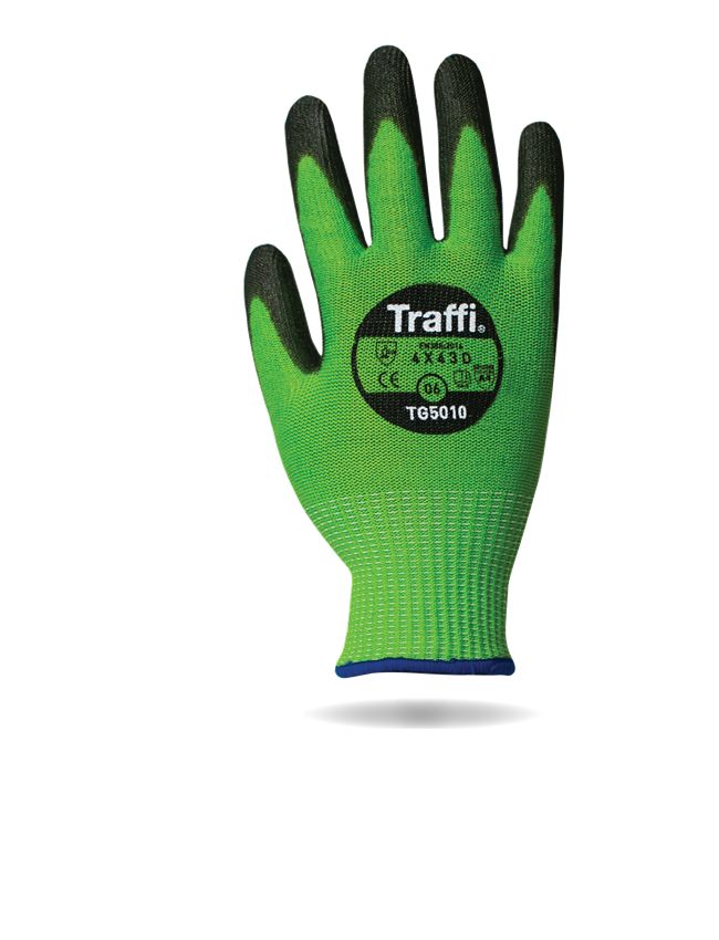 Traffi TG5010 Black, Green Elastane, Fibreglass, HPPE, Nylon, Polyester, Steel General Handling Gloves, Size 8,