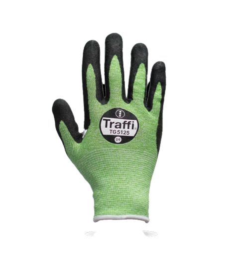 Traffi TG5125 Black, Green Cotton, Elastane, HPPE, Polyester, Steel Glove, Size 10, Nitrile Foam Coating