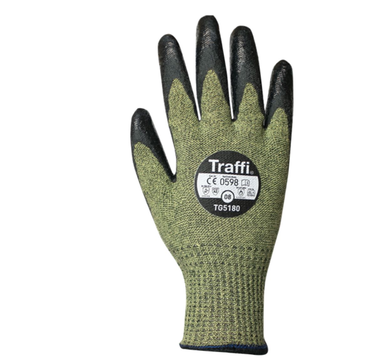 Traffi Green Acrylic, Aramid, Fibreglass Cut Resistant Gloves, Size 11, Chloroprene, Nitrile Coating