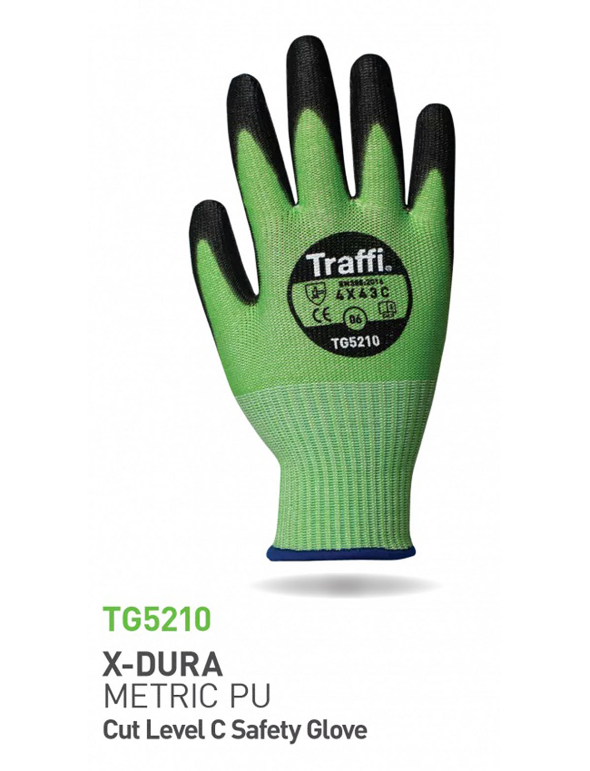 Traffi TG5210 Green Cut Resistant Gloves, Size 10, Polyurethane Coating