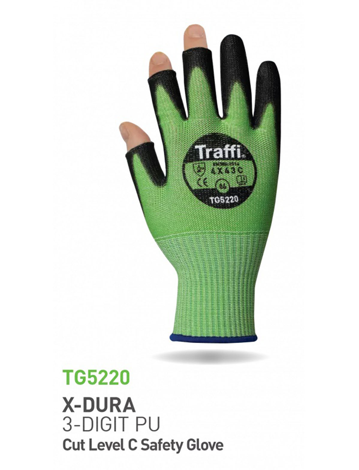 Traffi TG5220 Black, Green Elastane, Fibreglass, HPPE, Polyamide General Handling Gloves, Size 6, Polyurethane Coating