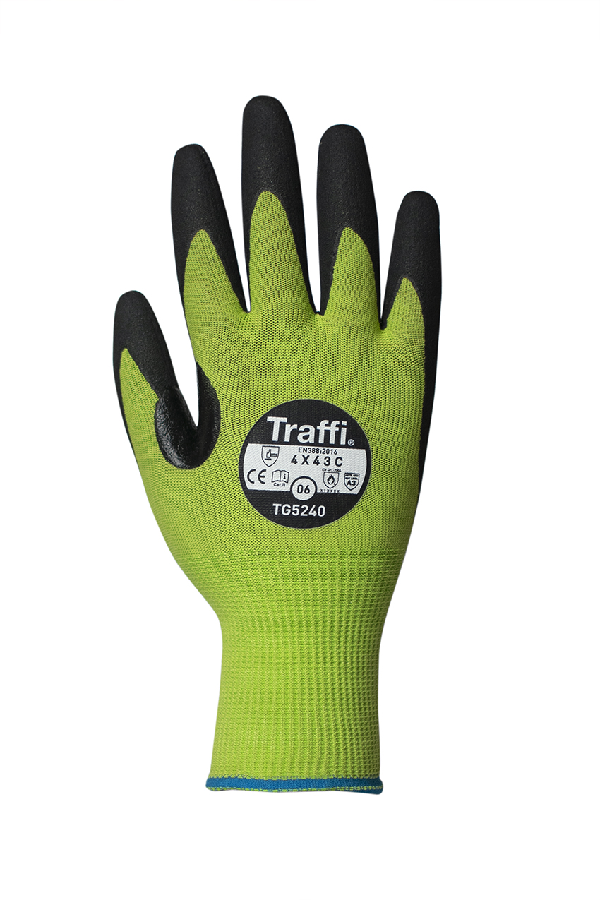 Traffi Green Nitrile, Nylon Cut Resistant Gloves, Size 7, Nitrile Coating