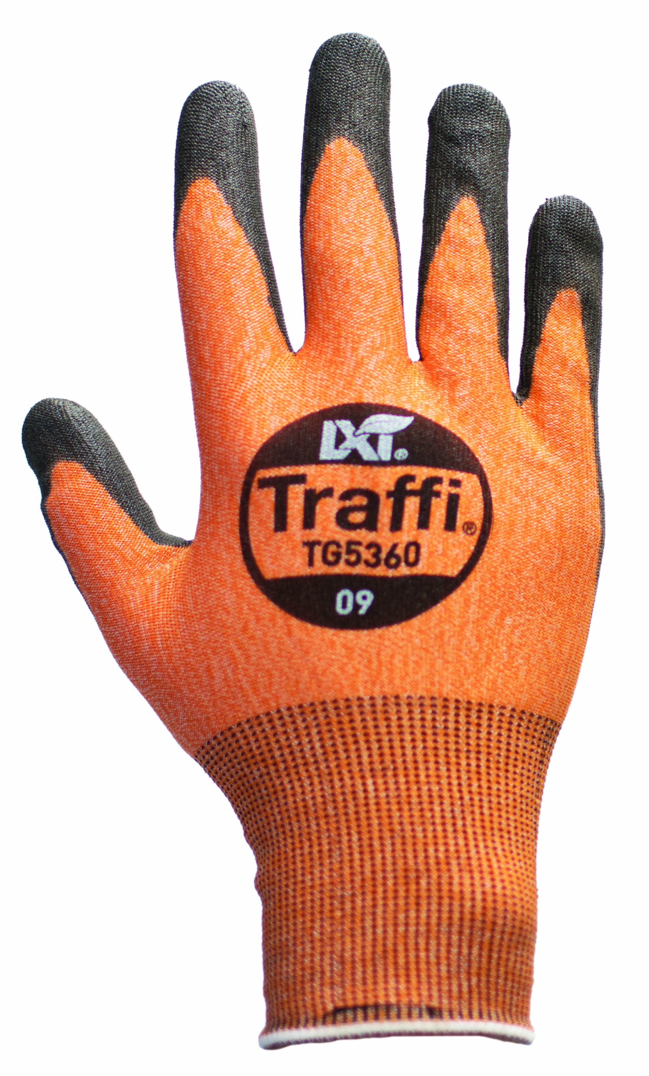Traffi TG5360 Black, Orange Elastane, HPPE, Nylon, Polyester Glove, Size 9, Polyurethane Coating