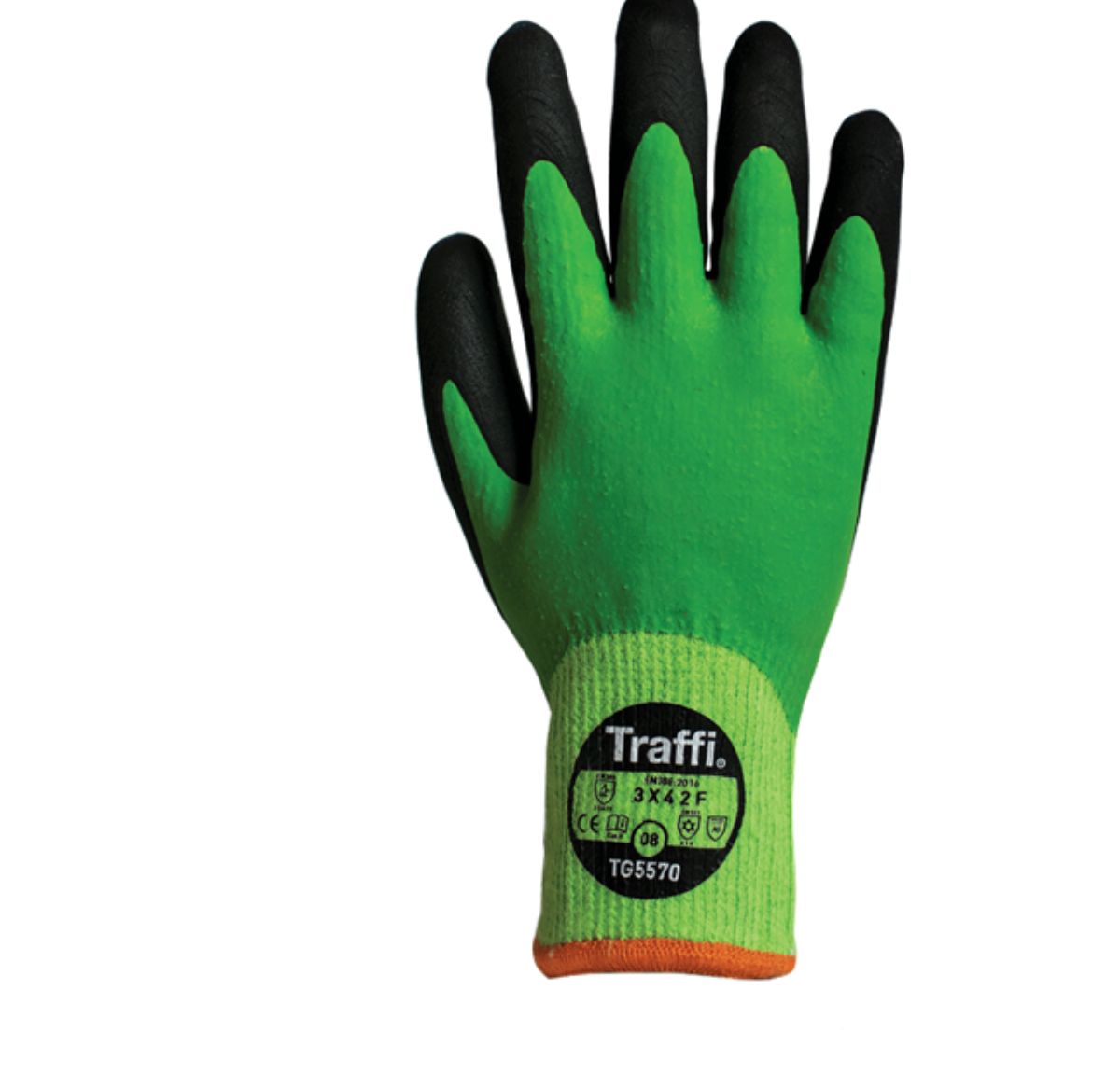 Traffi Green Acrylic, Nylon, Polyester Cut Resistant Gloves, Size 7, Latex Coating
