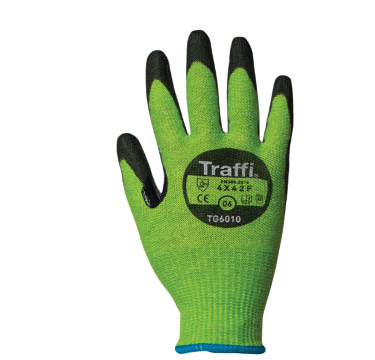 Traffi TG6010 Green Cut Resistant Gloves, Size 10, Polyurethane Coating