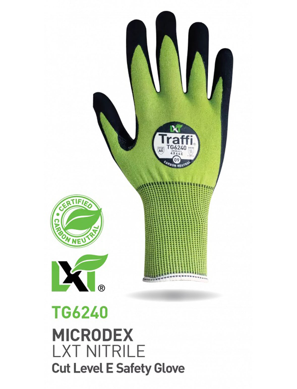 Traffi TG6240 Black, Green Elastane, Fibreglass, HPPE, Nylon, Polyester, Steel General Handling Gloves, Size 6, Nitrile