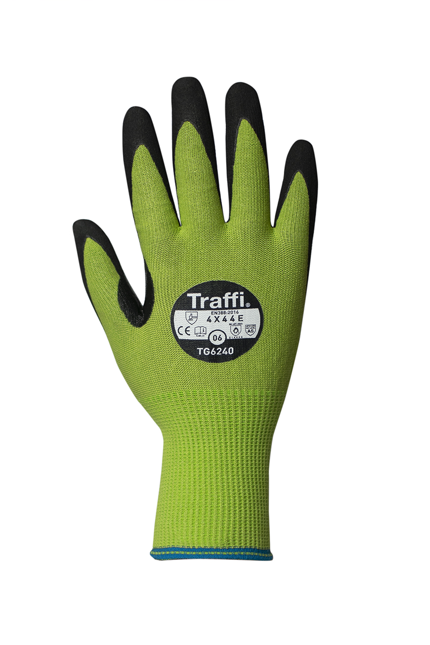 Traffi TG6240 Black, Green Elastane, Fibreglass, HPPE, Nylon, Polyester, Steel General Handling Gloves, Size 8, Nitrile