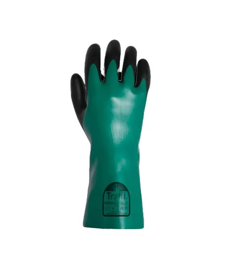 Traffi TG6500 Black, Green Cotton Glove, Size 8, NBR Coating