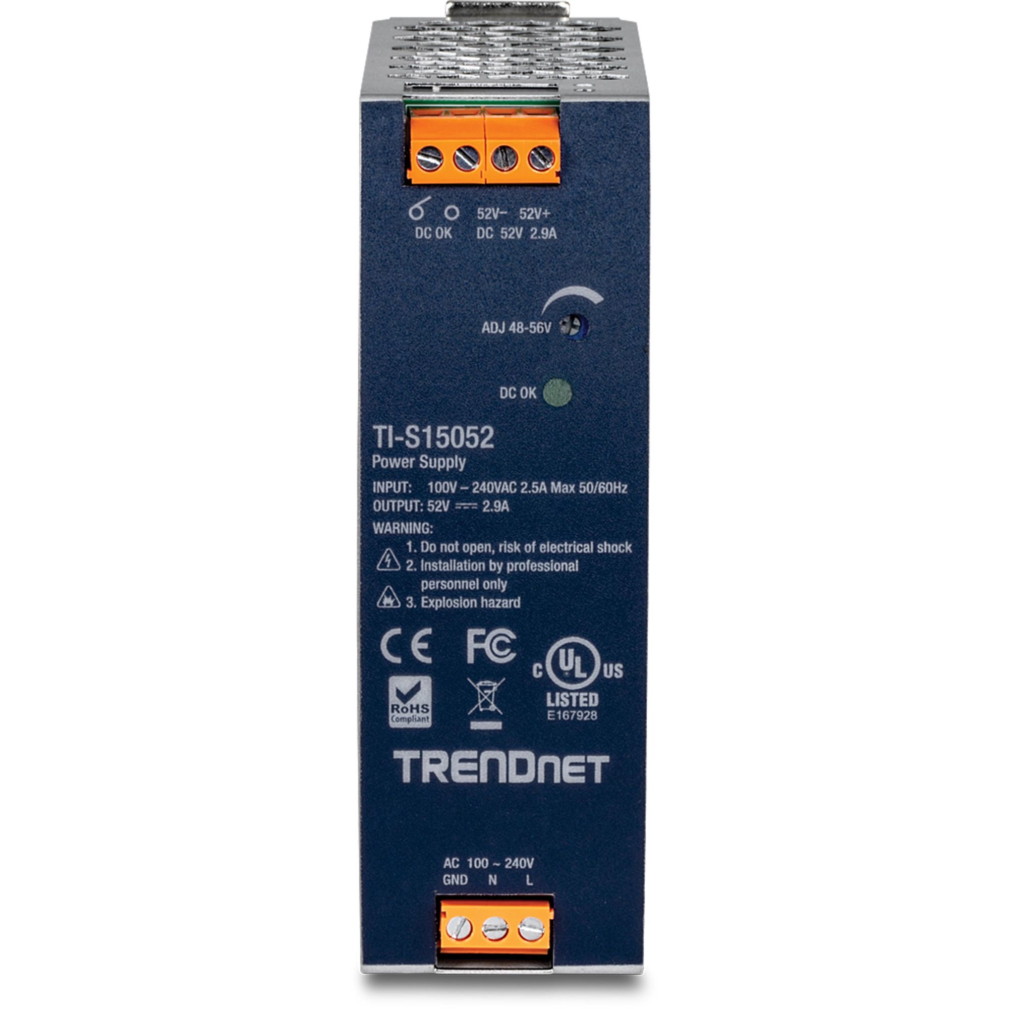 Trendnet TI-S15052 Single Output DIN Rail Power Supply 300 V dc, 240V ac AC/DC Input 56V, 2.89 A Output DC 150 W