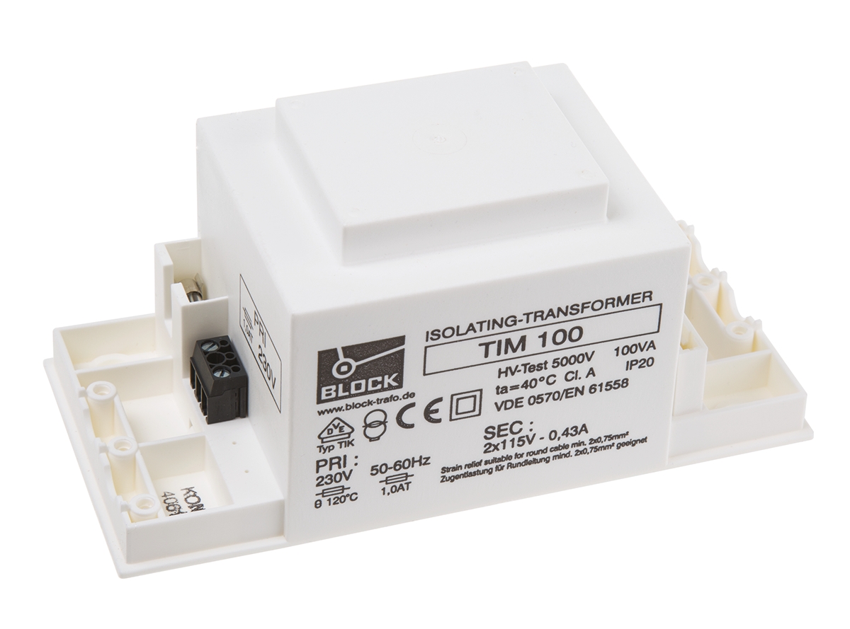 tim-100 Block 2 Output 100 VA Chassis Mount Transformer, 2 x 115 V ac, DIN EN 61558-2-4, EN 61558-2-4, VDE 0570 Part 2-4, IEC