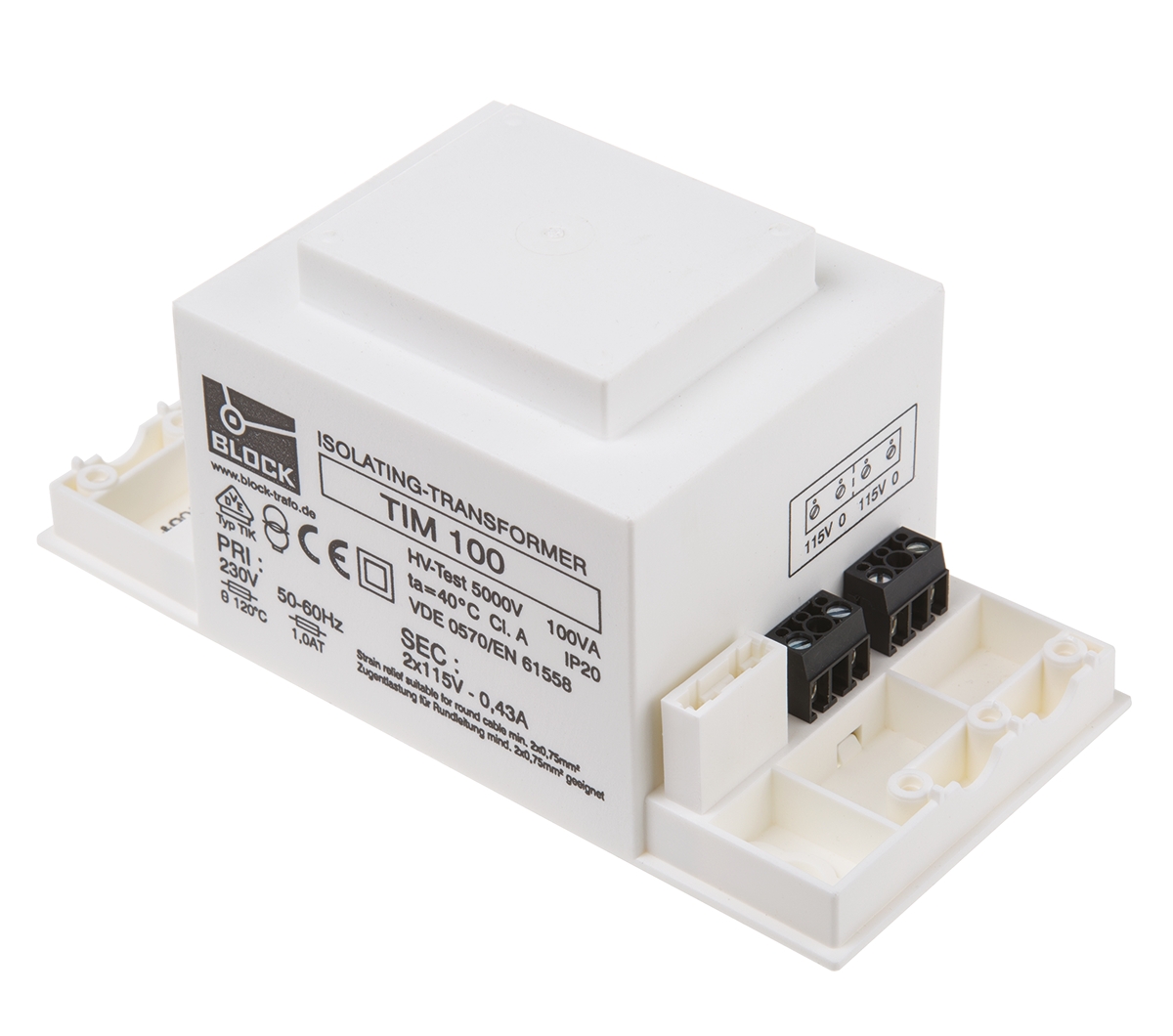 tim-100 Block 2 Output 100 VA Chassis Mount Transformer, 2 x 115 V ac, DIN EN 61558-2-4, EN 61558-2-4, VDE 0570 Part 2-4, IEC
