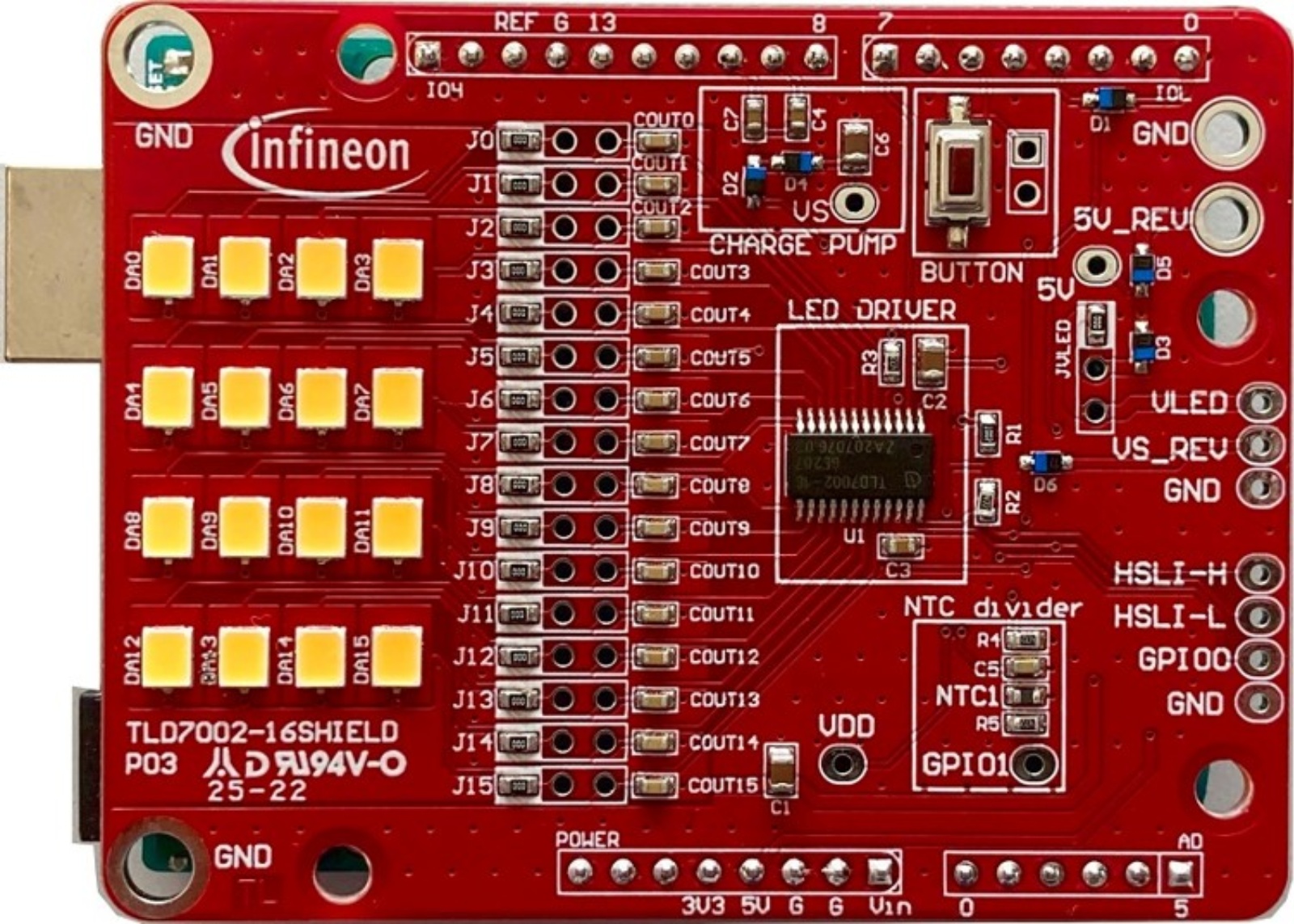 Infineon TLD700216SHIELDTOBO1 TLD7002-16SHIELD for Arduino LED Controller Evaluation Board for TLD7002-16SHIELD for