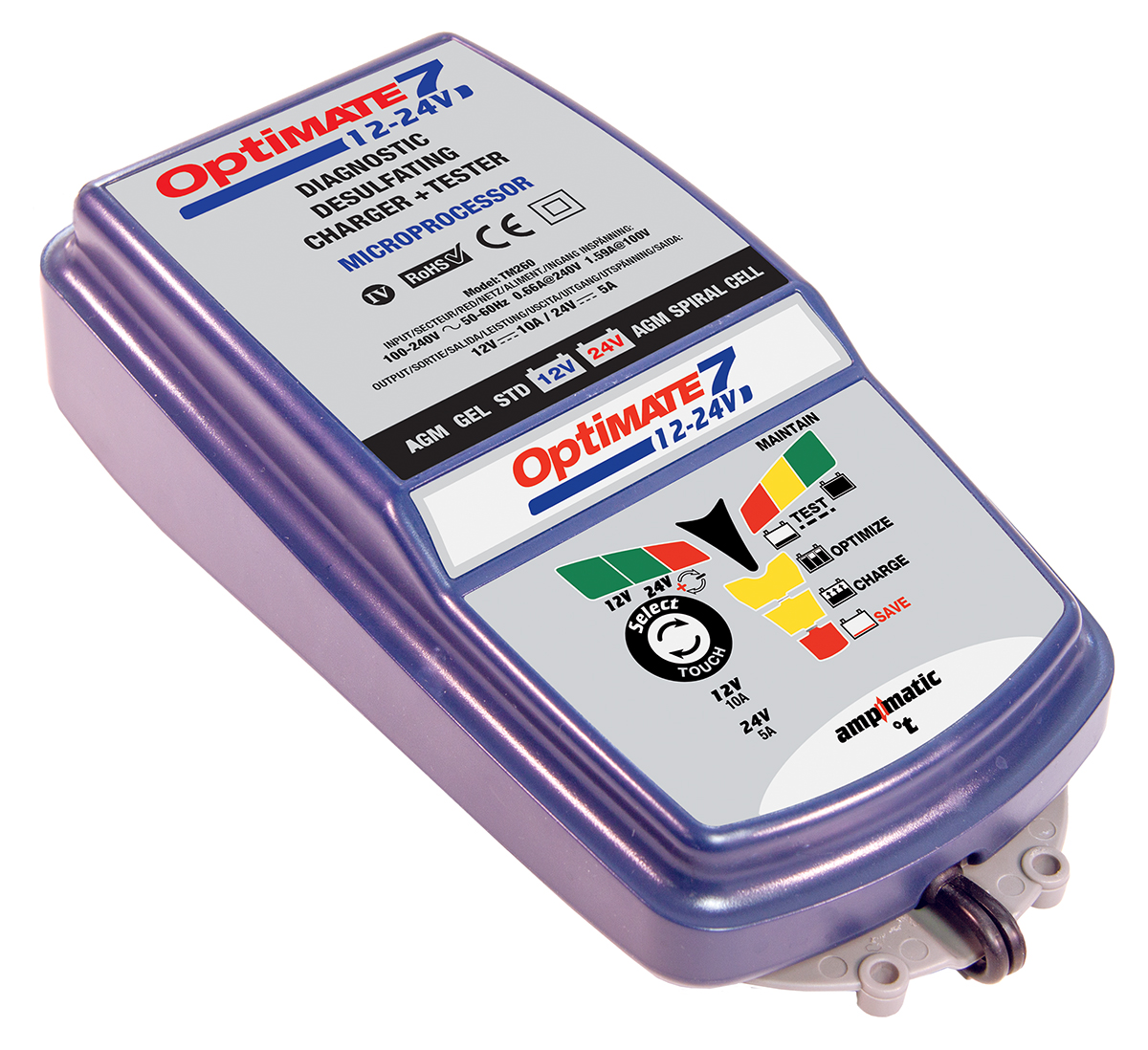 TecMate Optimate 7 TM-260 Battery Charger For 12V, 24 V, Lead Acid 10 A, 24 V, 12 V with UK plug Automotive