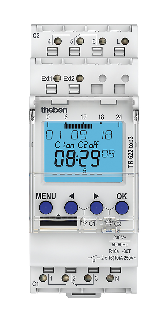 Theben Digital TR 622 Top3 DIN Rail Time Switch, 2-Channel 230 V ac