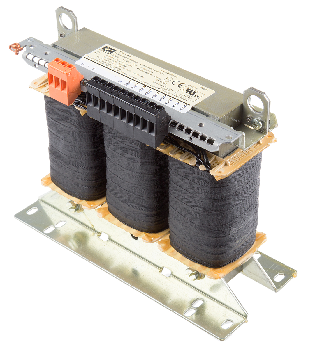 Block 1 kVA Chassis Mount Transformer, 3 x 400 V ac, EN 61558-2-4, UL 5085-1/-2, CSA 22.2 No.66, VDE 0570 Teil 2-4, DIN