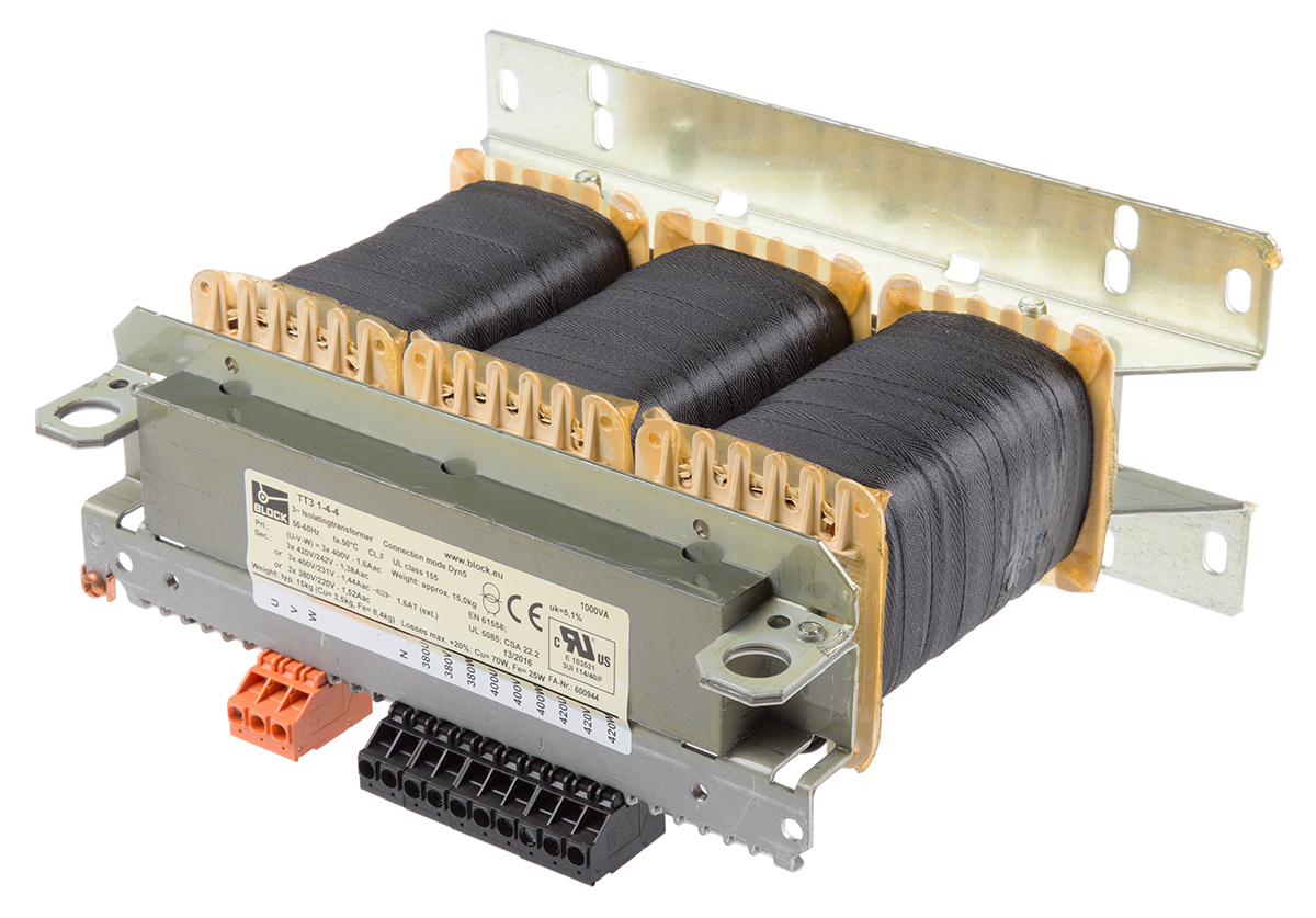 tt3-1-4-4 Block 1 kVA Chassis Mount Transformer, 3 x 400 V ac, EN 61558-2-4, UL 5085-1/-2, CSA 22.2 No.66, VDE 0570 Teil 2-4, DIN