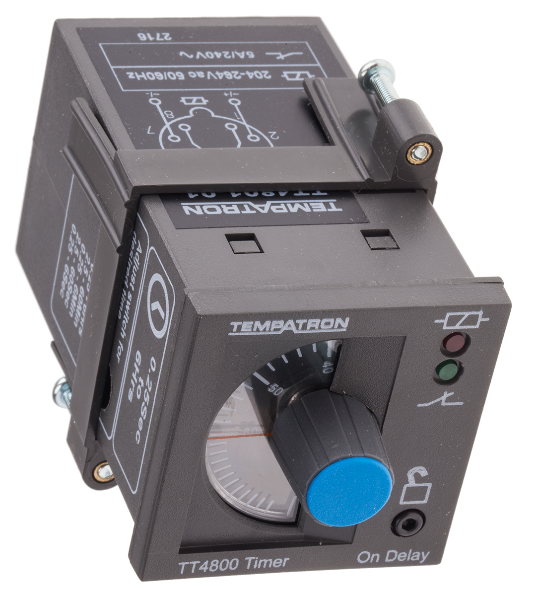 tt4801-01 Tempatron TT4801 Series DIN Rail Timer Relay, 2-Contact 230V ac, 6 s to 6 h, 1-Function, DPDT Switch Configuration