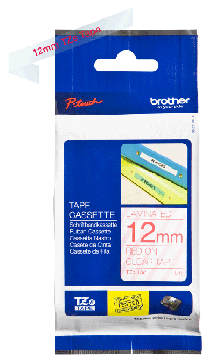 tze-132 Brother Red on Clear Label Printer Tape, 8 m Length, 12 mm Width, 8 m Label Length