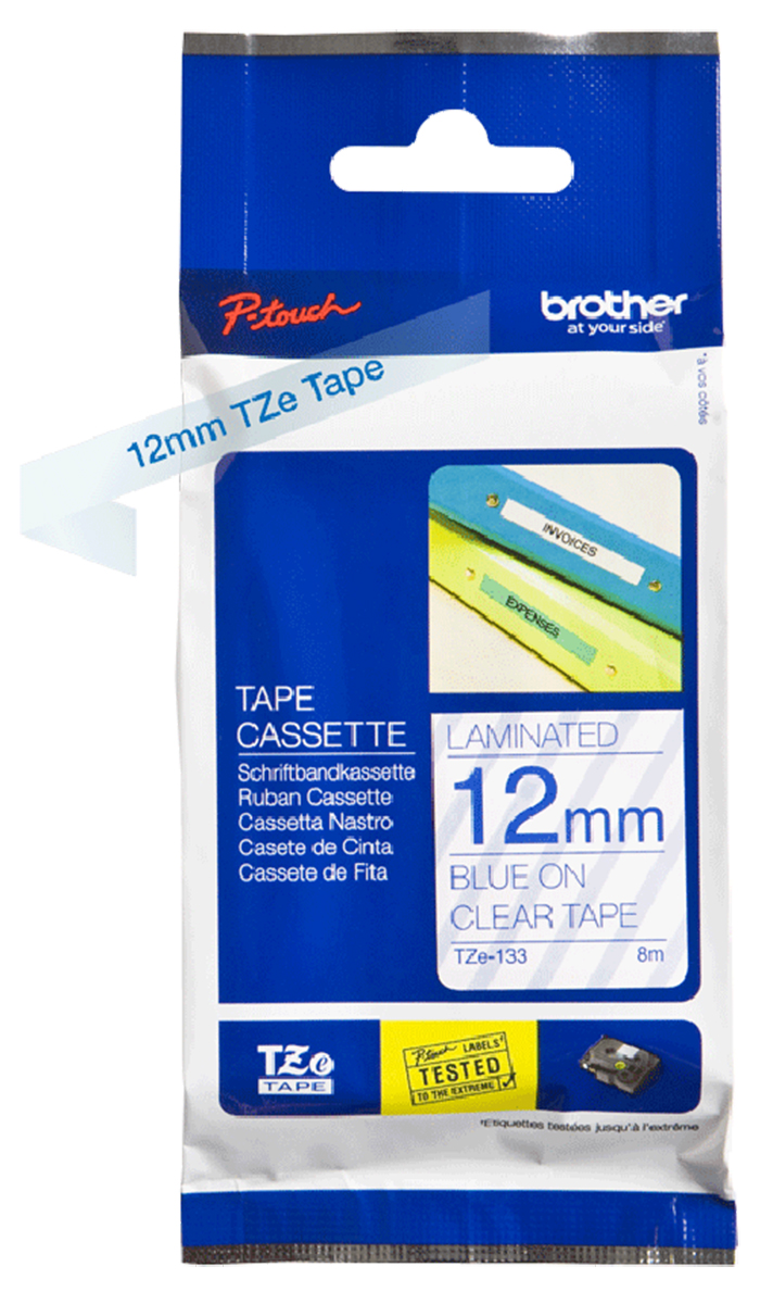 tze-133 Brother Blue on Clear Label Printer Tape, 8 m Length, 12 mm Width, 8 m Label Length