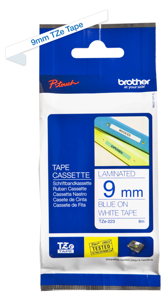 tze-223 Brother Blue on White Label Printer Tape, 8 m Length, 9 mm Width