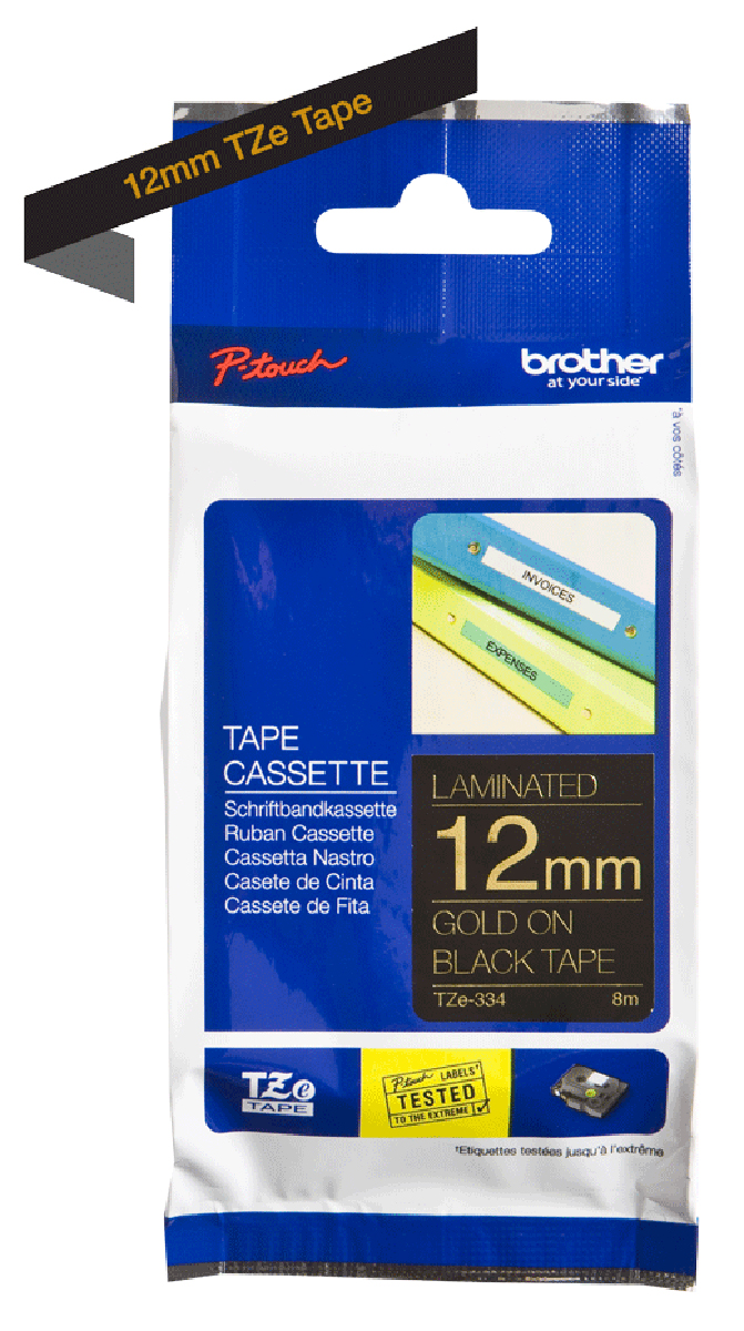 tze-334 Brother Gold on Black Label Printer Tape, 8 m Length, 12 mm Width