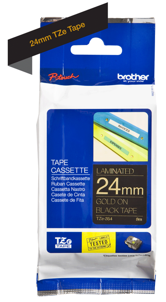 tze-354 Brother Gold on Black Label Printer Tape, 8 m Length, 24 mm Width, 8 m Label Length