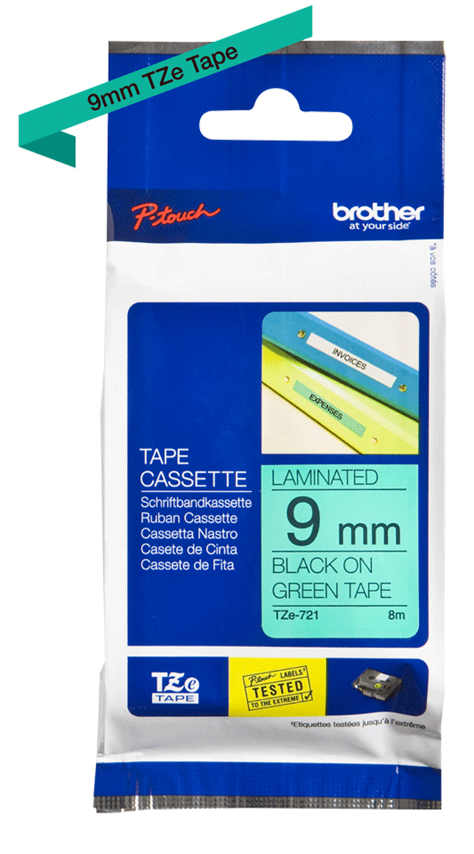 tze-721 Brother Black on Green Label Printer Tape, 8 m Length, 9 mm Width, 8 m Label Length