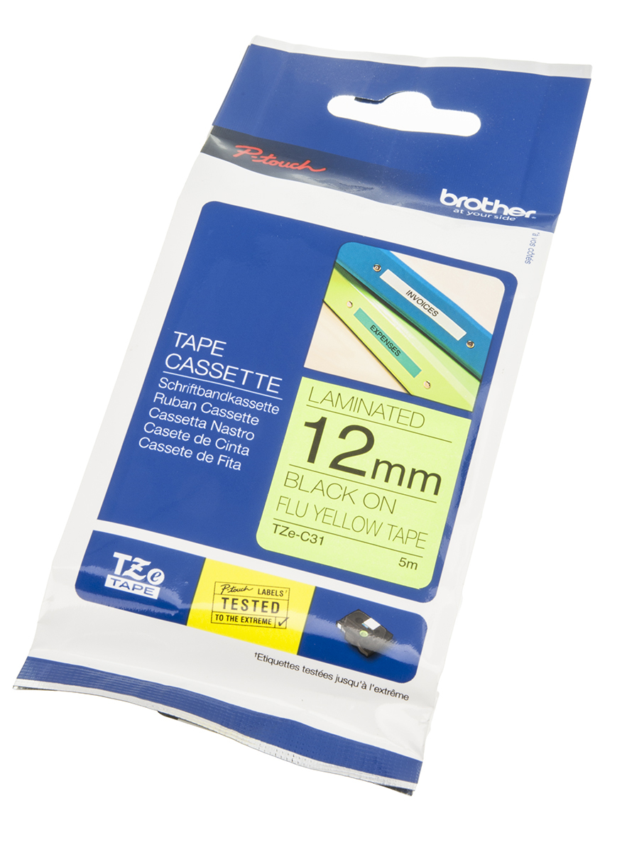 Brother Black on Fluorescent Yellow Label Printer Tape, 5 m Length, 12 mm Width, 8 m Label Length