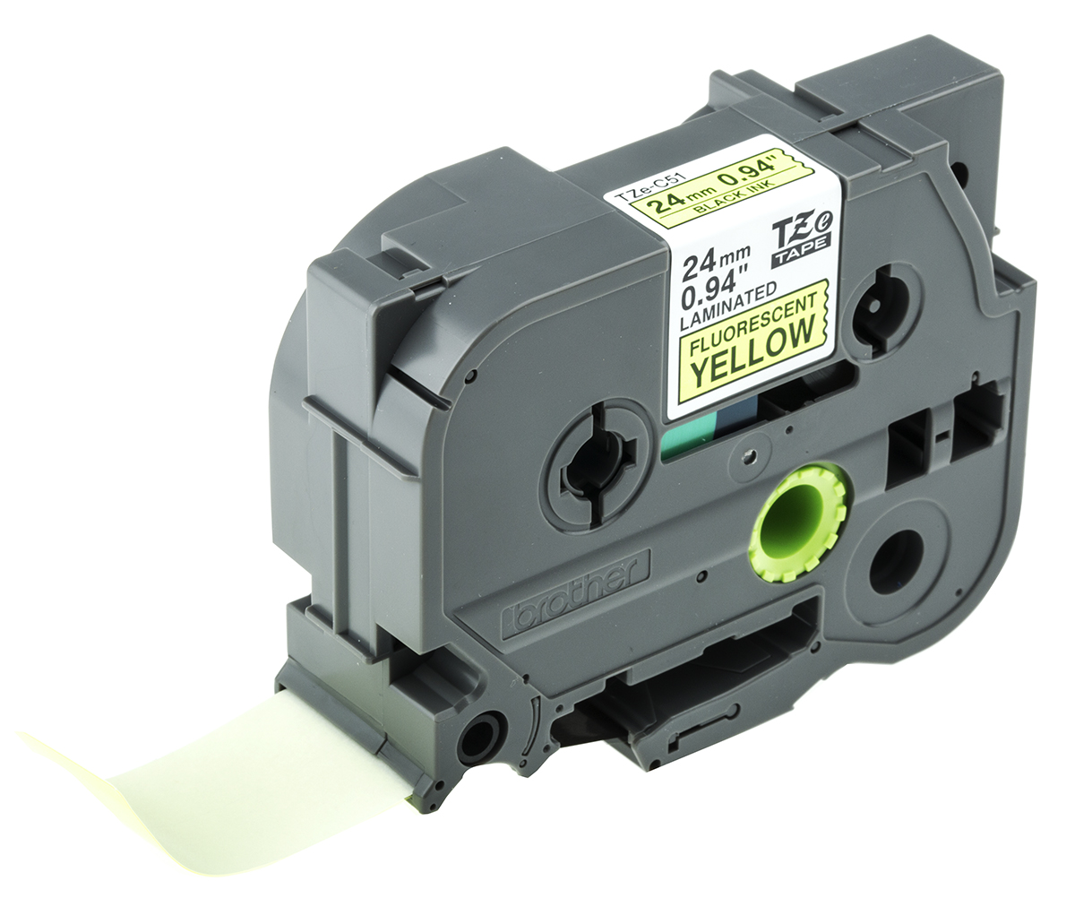 Brother Black on Fluorescent Yellow Label Printer Tape, 5 m Length, 24 mm Width, 8 m Label Length