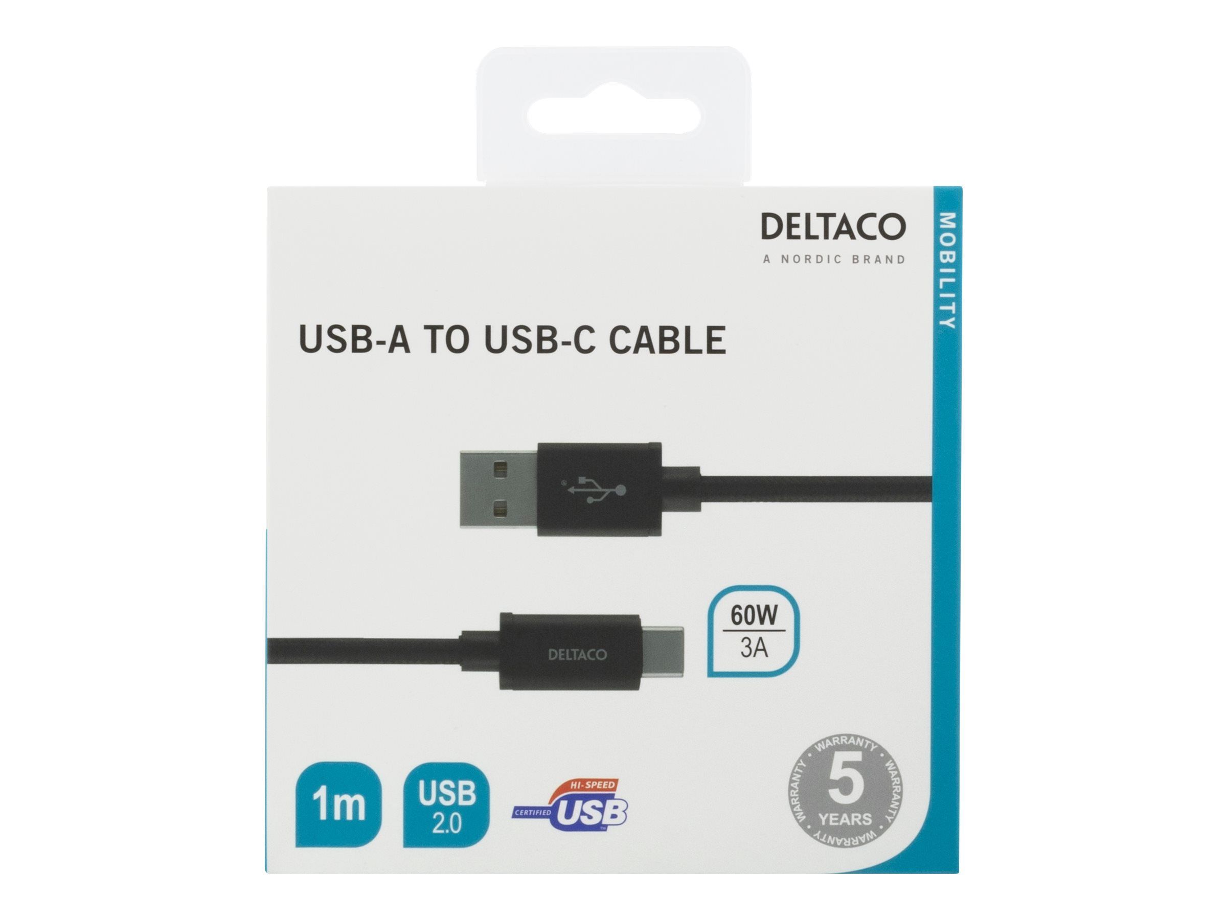 usbc-1132m Deltaco USB Cable, Male USB Type A to Male, USB 2.0 USB Type C, Black, 1 m